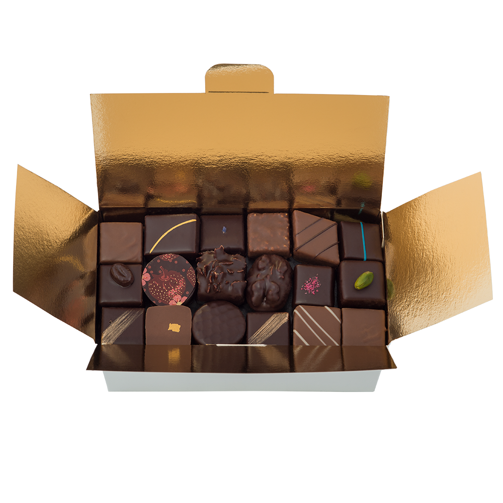 Chocolats Fins assortis lait avec quelques liqueurs - Ballotin 250g -  Chocogil – boutique de chocolats en ligne